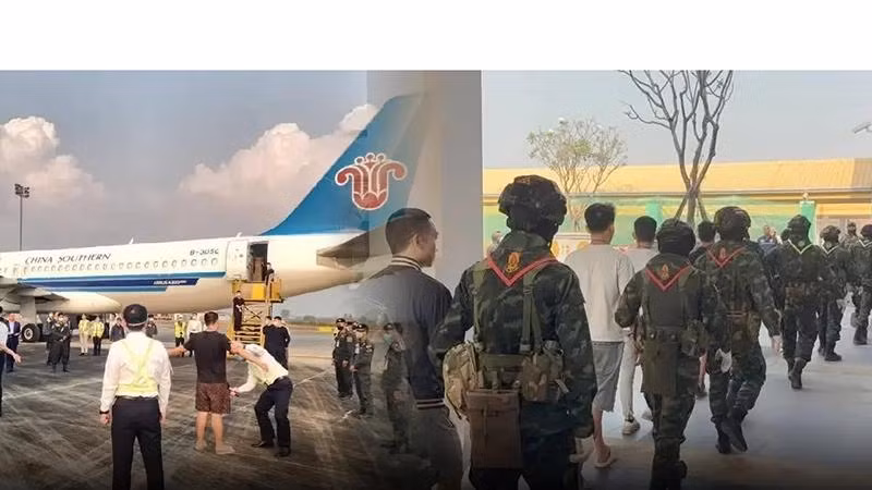 Máy bay hãng hàng không China Southern Airlines tại sân bay quốc tế Mae Sot, tỉnh Tak, Thái Lan đưa công dân Trung Quốc về nước. (Ảnh: NBT)