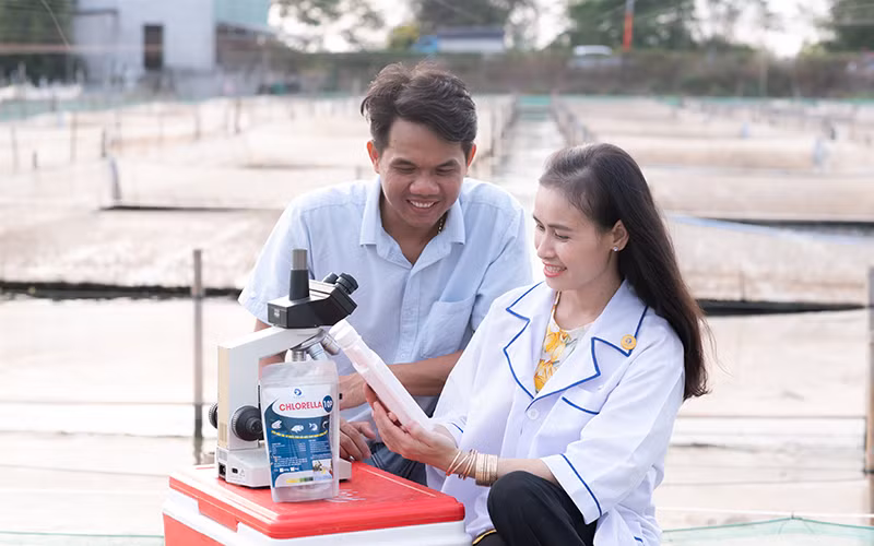 Các nhà khoa học nghiên cứu sản phẩm xử lý môi trường nuôi thủy sản tại huyện Tháp Mười, tỉnh Đồng Tháp.