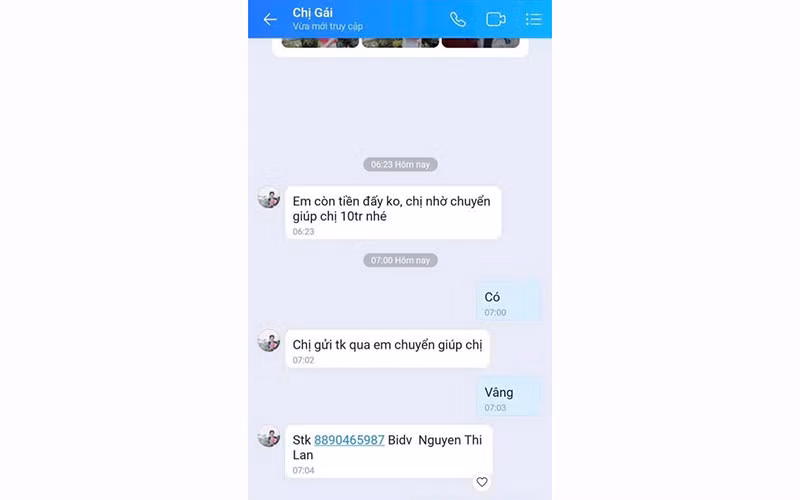 Đối tượng lừa đảo đã chiếm quyền sử dụng Zalo, giả danh chủ tài khoản để nhắn tin lừa đảo. (Ảnh chụp màn hình)