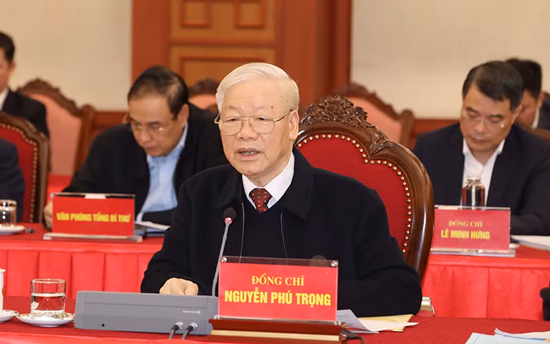 Tổng Bí thư Nguyễn Phú Trọng phát biểu chỉ đạo buổi làm việc của Bộ Chính trị với Ban Thường vụ Thành ủy Thành phố Hồ Chí Minh. (Ảnh TTXVN)