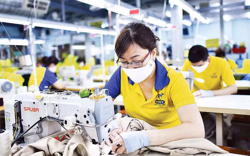 Công nhân may quần áo xuất khẩu tại một doanh nghiệp ở thành phố.