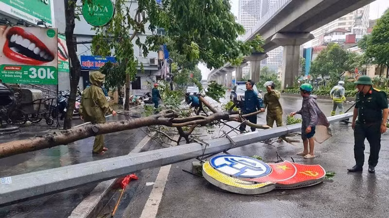 Các lực lượng chức năng của quận Hà Đông khắc phục hậu quả bão số 3 trên địa bàn.