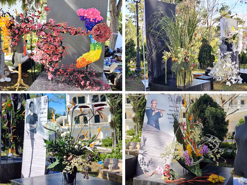 Các tác phẩm hoa tươi nghệ thuật tại triển lãm.