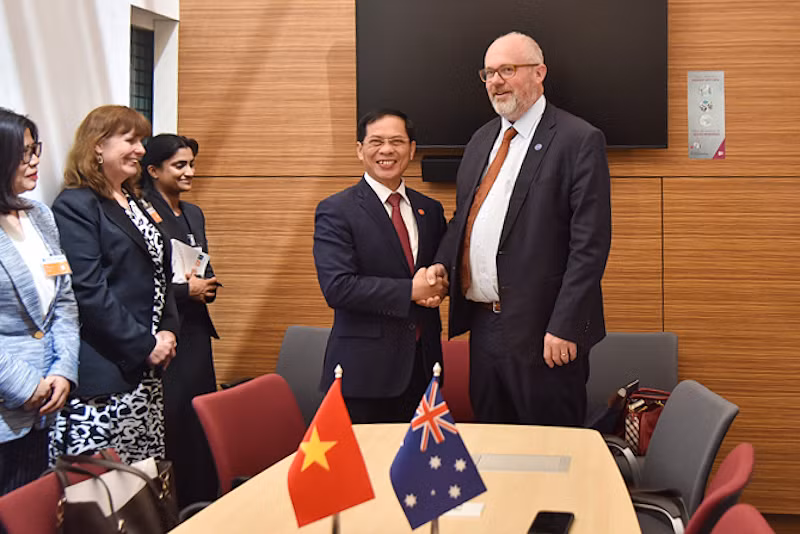 Bộ trưởng Ngoại giao Bùi Thanh Sơn gặp Đồng Bộ trưởng Thương mại và Sản xuất Australia Tim Ayres. Ảnh: Minh Duy.