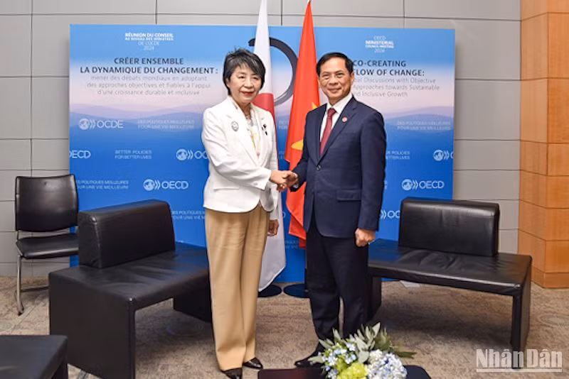 Bộ trưởng Ngoại giao Bùi Thanh Sơn gặp Bộ trưởng Ngoại giao Nhật Bản Kamikawa Yoko. Ảnh: Khải Hoàn