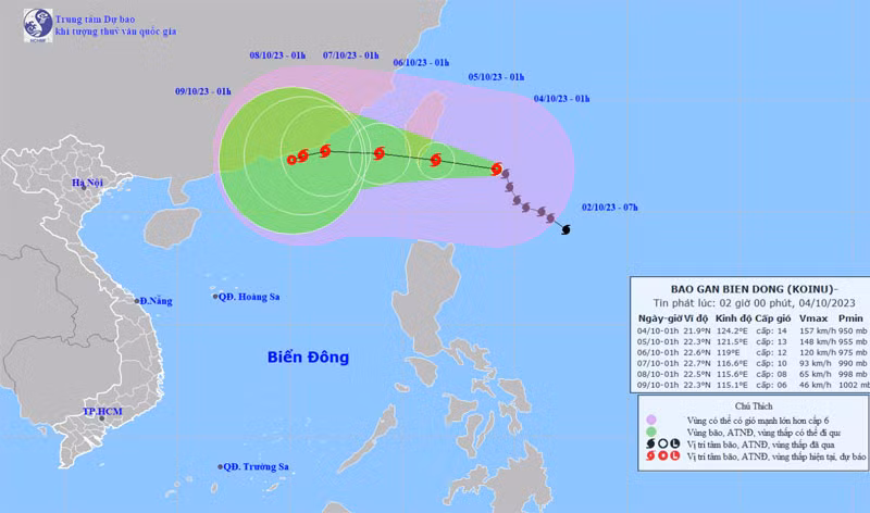 Vị trí và hướng di chuyển của bão Koinu. (Nguồn: nchmf.gov.vn)