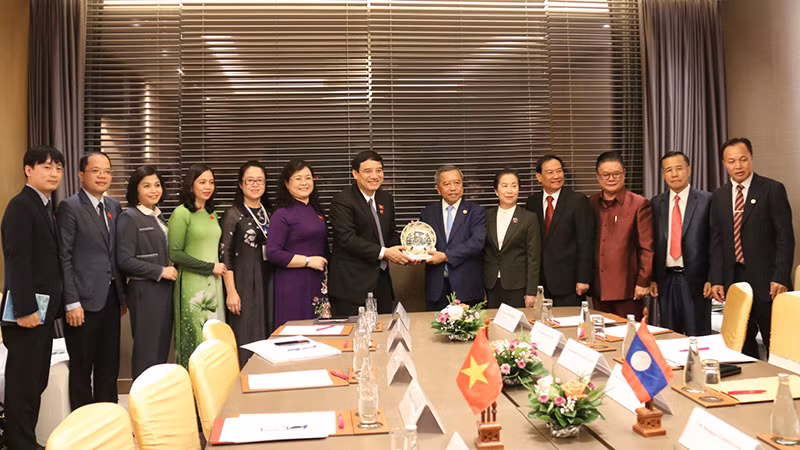 Chủ tịch Hội Hữu nghị Việt Nam-Lào Nguyễn Đắc Vinh và Chủ tịch Hội Hữu nghị Lào-Việt Nam Boviengkham Vongdala tại buổi tiếp. (Ảnh: Trịnh Dũng)