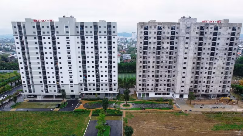 Hai trong 4 block nhà ở xã hội cao tầng của dự án Khu phức hợp Thủy Vân với tổng số 364 căn đã hoàn thành.