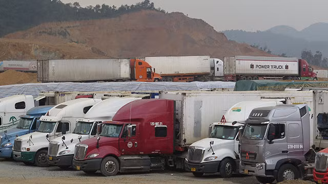 Xe chở nông sản chờ làm thủ tục thông quan tại bãi xe trung chuyển hàng hóa ở cửa khẩu Tân Thanh, Văn Lãng, Lạng Sơn. (Ảnh Hùng Tráng)