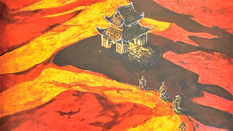 Tranh “Sân khấu mắc cạn” thể hiện hình ảnh sân khấu thủy đình với nghệ thuật rối nước làng quê đang dần mai một.