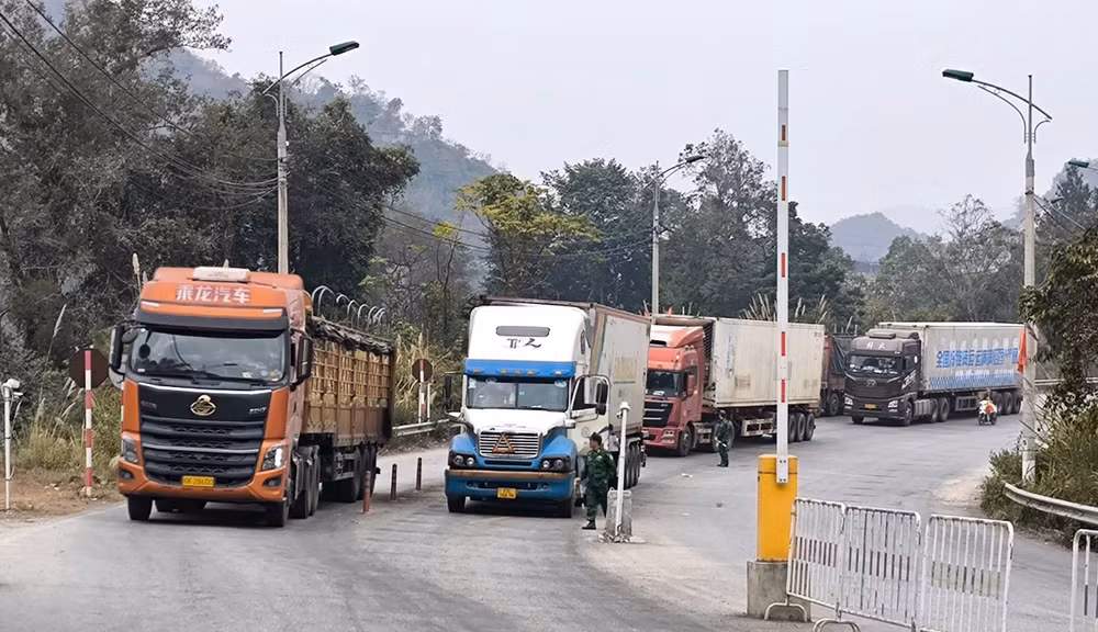 Xe chở hàng nông sản chuẩn bị xuất khẩu qua đường chuyên dụng vận chuyển hàng hóa qua cửa khẩu Tân Thanh, Văn Lãng (Lạng Sơn).