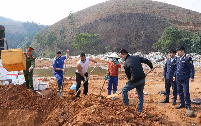 Lực lượng chức năng tỉnh Yên Bái tiêu hủy 7.560kg tràng trứng gà non đông lạnh không rõ nguồn gốc. 