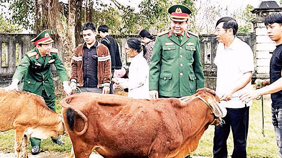 Ủy ban Mặt trận Tổ quốc Việt Nam huyện và Ban Chỉ huy Quân sự huyện Bố Trạch (Quảng Bình) tặng bò giống cho gia đình chiến sĩ mới có hoàn cảnh khó khăn. (Ảnh LM)