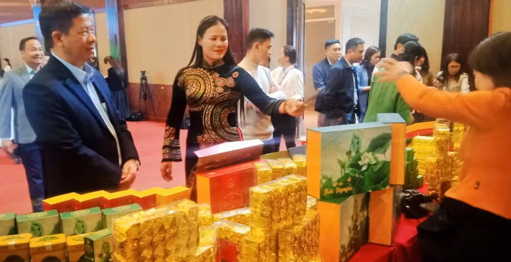 Nhiều sản phẩm chè được trưng bày bên lề hội nghị.