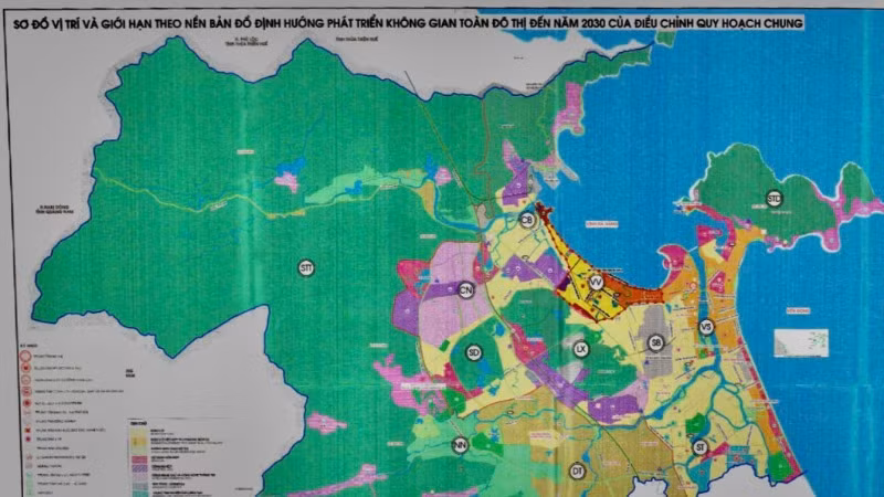 Sơ đồ và giới hạn theo nền bản đồ định hướng phát triển không gian toàn đô thị Đà Nẵng đến năm 2023 theo điều chỉnh quy hoạch chung. (Ảnh: Viện Quy hoạch xây dựng Đà Nẵng)