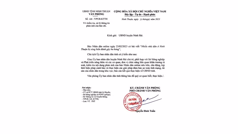 Văn bản số 620/VPUB-KTXH của Văn phòng Ủy ban nhân dân tỉnh Ninh Thuận.