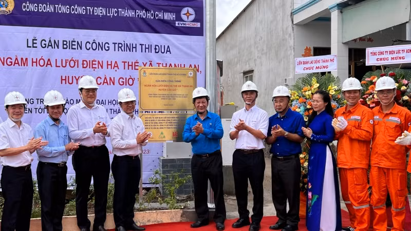 Các đại biểu làm lễ gắn biển công trình “Ngầm hóa lưới điện tại xã đảo Thạnh An.