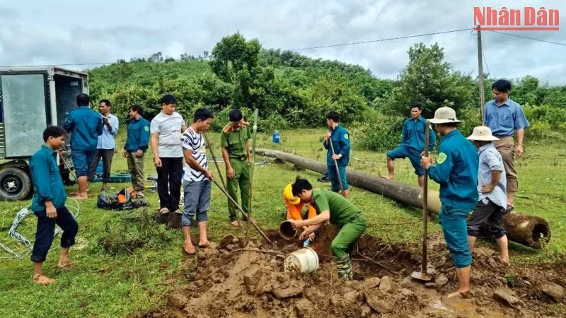 Khắc phục cột điện bị gãy đổ tại xã vùng cao Ba Trang, huyện miền núi Ba Tơ (Quảng Ngãi). (Ảnh: HIỂN CỪ)