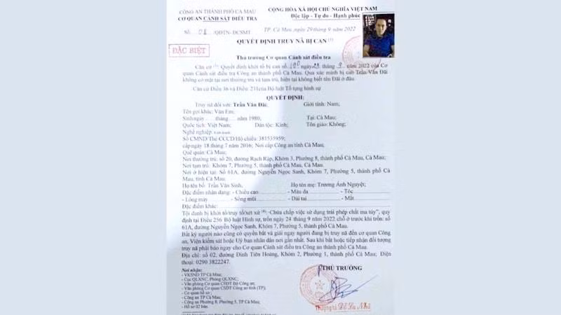 Lệnh truy nã đặc biệt của Công an TP Cà Mau đối với bị can Trần Văn Đãi.