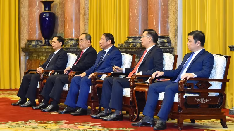 Bộ trưởng Ngoại giao Bùi Thanh Sơn, Chủ nhiệm Văn phòng Chủ tịch nước Lê Khánh Hải, Bộ trưởng Văn hóa, Thể thao và Du lịch Nguyễn Văn Hùng cùng các thành viên đoàn Việt Nam tại buổi tiếp.