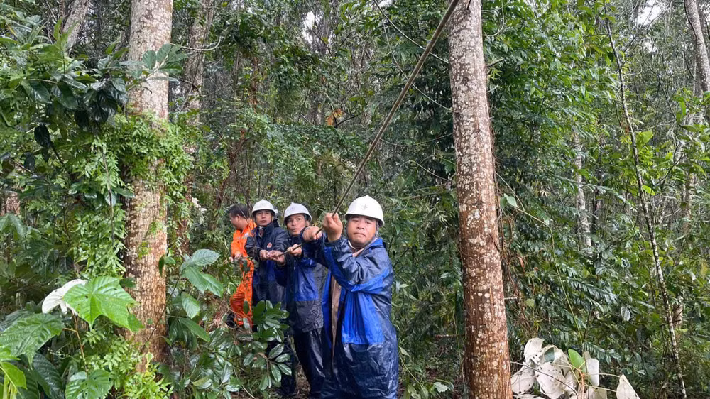Các lực lượng EVN kéo dây sau bão để khôi phục lưới điện. 