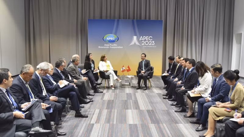 Chủ tịch nước Võ Văn Thưởng gặp Tổng thống Peru Dina Boluarte. (Ảnh: TTXVN phát)