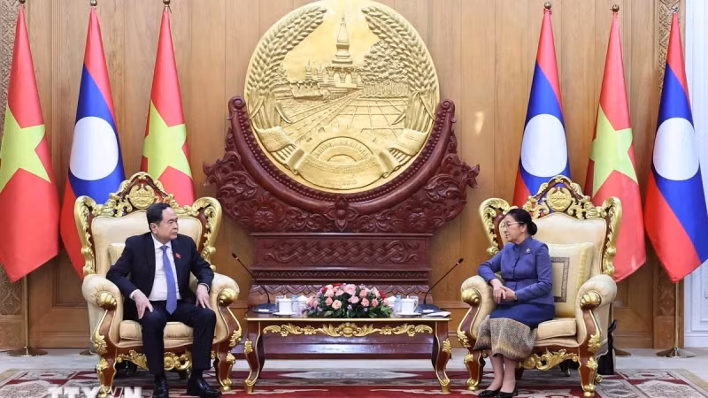 Chủ tịch Quốc hội Trần Thanh Mẫn gặp Phó Chủ tịch nước CHDCND Lào Pany Yathotou. (Ảnh: Thống Nhất/TTXVN)