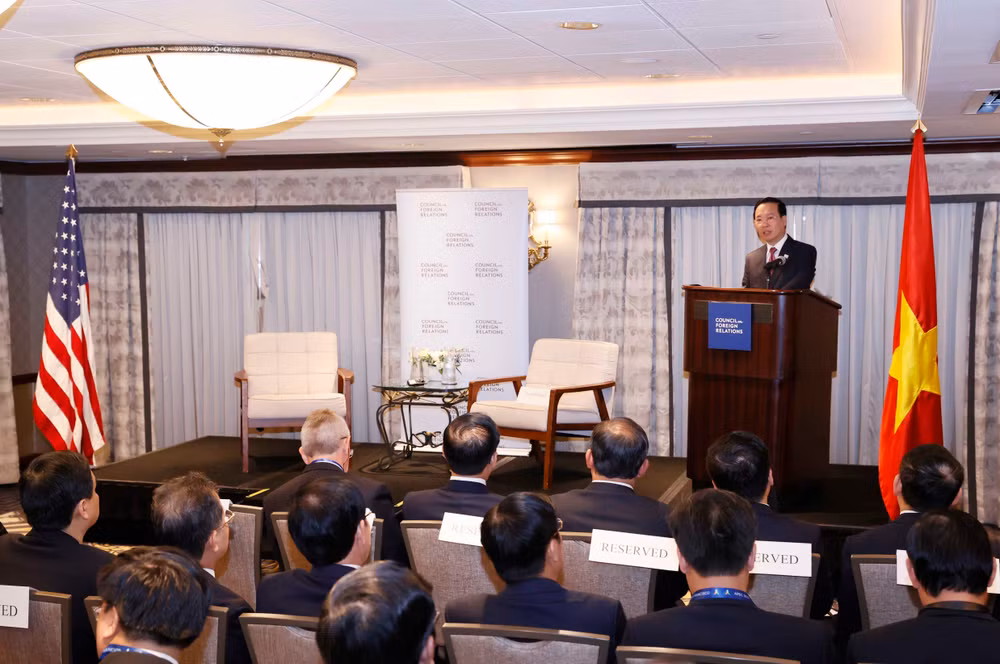 Chủ tịch nước Võ Văn Thưởng phát biểu tại Hội đồng Quan hệ đối ngoại Hoa Kỳ. (Ảnh: Thống Nhất/TTXVN)