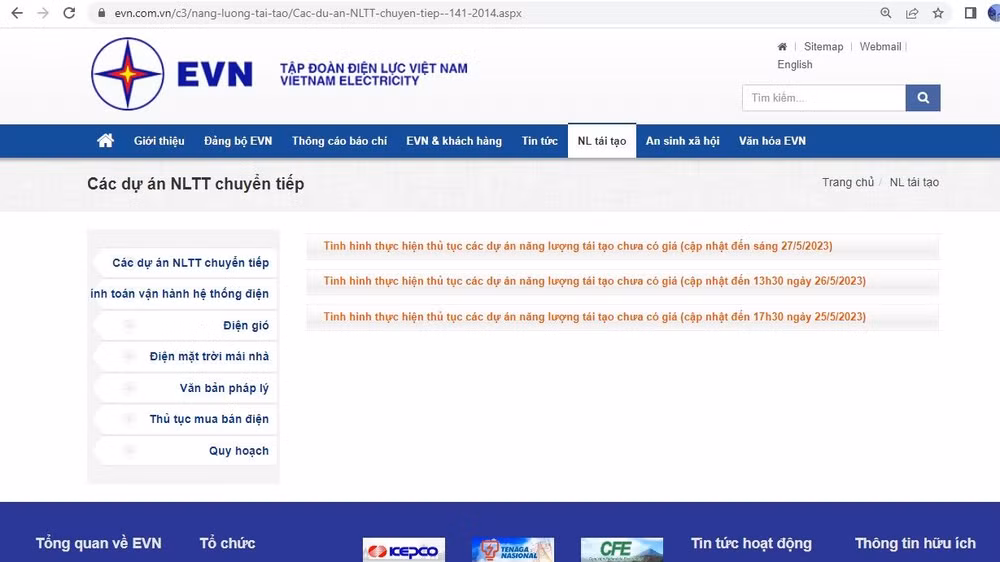 Ảnh chụp trang mạng về tình hình thực hiện thủ tục các dự án năng lượng tái tạo chuyển tiếp.