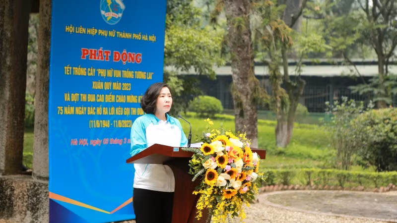 Chủ tịch Hội Liên hiệp phụ nữ thành phố Hà Nội Lê Kim Anh phát biểu.