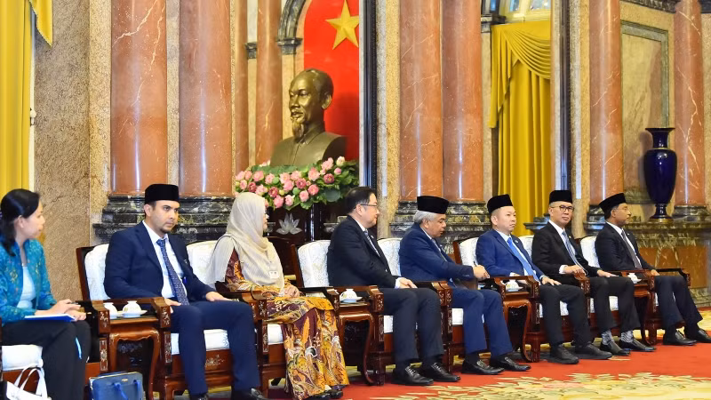 Đoàn đại biểu cấp cao tháp tùng Thủ tướng Malaysia Anwar Ibrahim tại buổi tiếp.