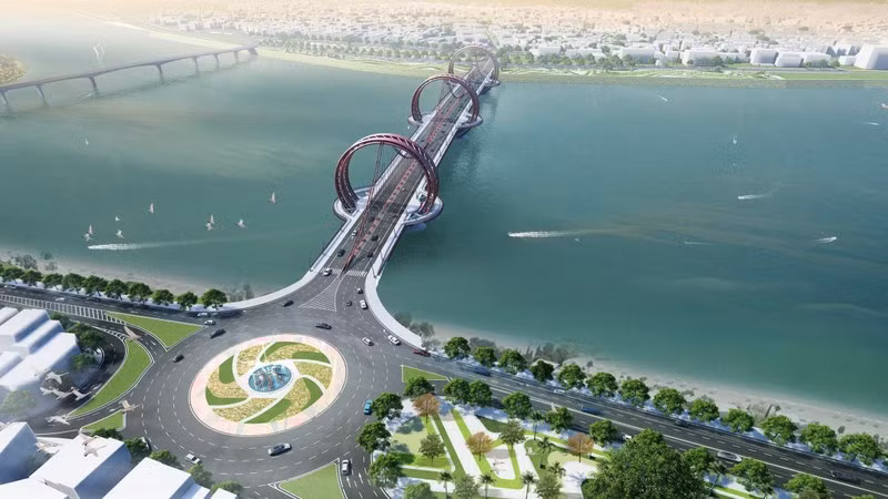 Phối cảnh phương án thiết kế cầu Trà Khúc 1 với ý tưởng "Dấu ấn sông Trà" gồm 3 vòng tròn nối tiếp nhau tạo hình tượng bờ xe nước sông Trà Khúc.