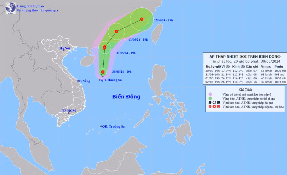 Vị trí và hướng di chuyển của áp thấp nhiệt đới lúc 19 giờ ngày 30/5. (Nguồn: nchmf.gov.vn)