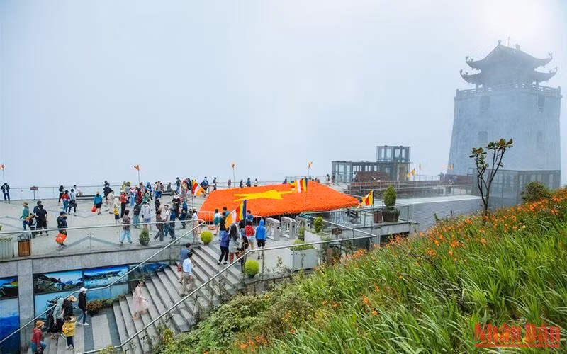 Lá cờ Tổ quốc rộng 150m2, được kết bằng 150 nghìn bông hoa hồng đỏ thắm trên đỉnh Phan Xi Păng, dịp 2/9 năm nay.