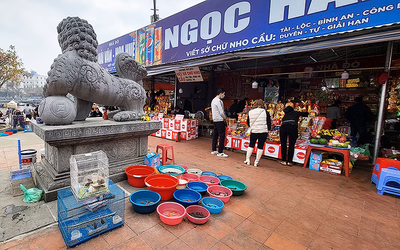 Tại khu vực đền Trình (đoạn đầu suối Yến), các loại động vật phóng sinh bày bán lộn xộn ngay cạnh biển cấm.