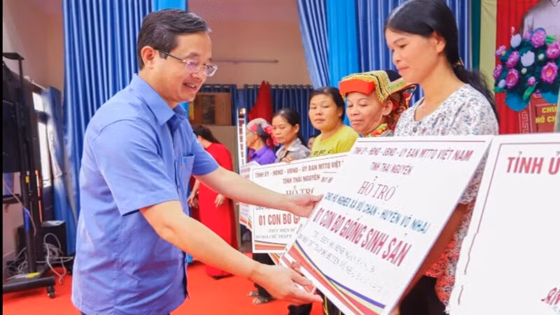 Lãnh đạo tỉnh Thái Nguyên trao 10 bò cái sinh sản tặng hộ nghèo ở xã Vũ Chấn, huyện Võ Nhai.