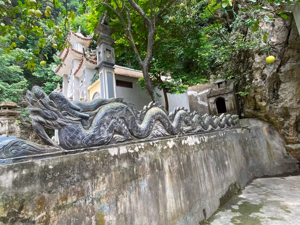 Rồng đá uốn lượm mềm mại trên tường bao ngôi Đình Đá