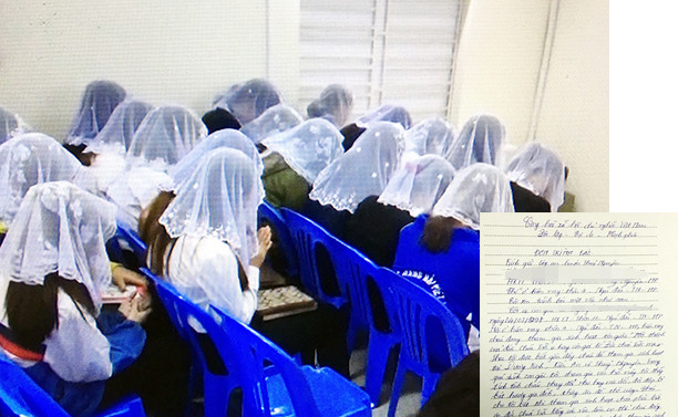 Các tín đồ trùm khăn nghe "chấp sự" giảng đạo ở một tụ điểm tại Hải Phòng và đơn trình báo của một người mẹ có con bị dụ dỗ theo tà đạo.