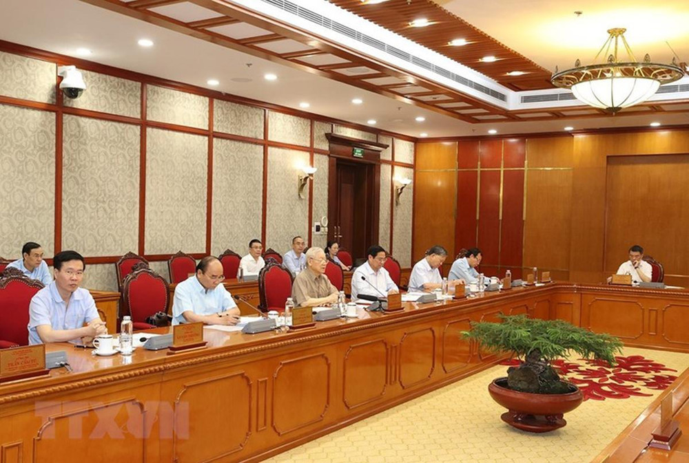 Tổng Bí thư Nguyễn Phú Trọng phát biểu kết luận cuộc họp. (Ảnh: Trí Dũng/TTXVN) Tổng Bí thư chủ trì họp Bộ Chính trị, Ban Bí thư -0