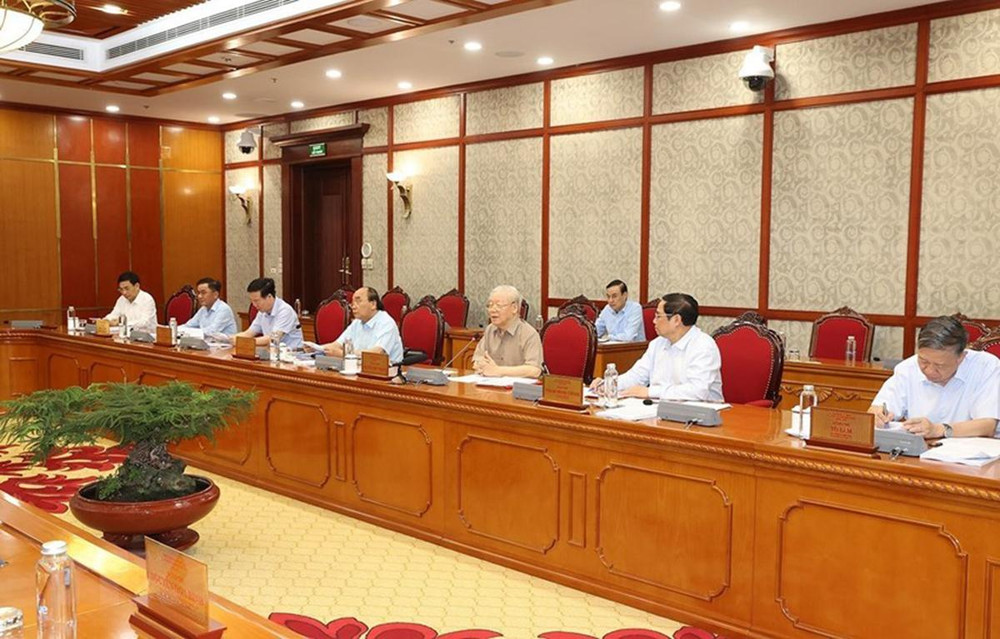 Tổng Bí thư Nguyễn Phú Trọng phát biểu kết luận cuộc họp. (Ảnh: Trí Dũng/TTXVN) Tổng Bí thư chủ trì họp Bộ Chính trị, Ban Bí thư -0