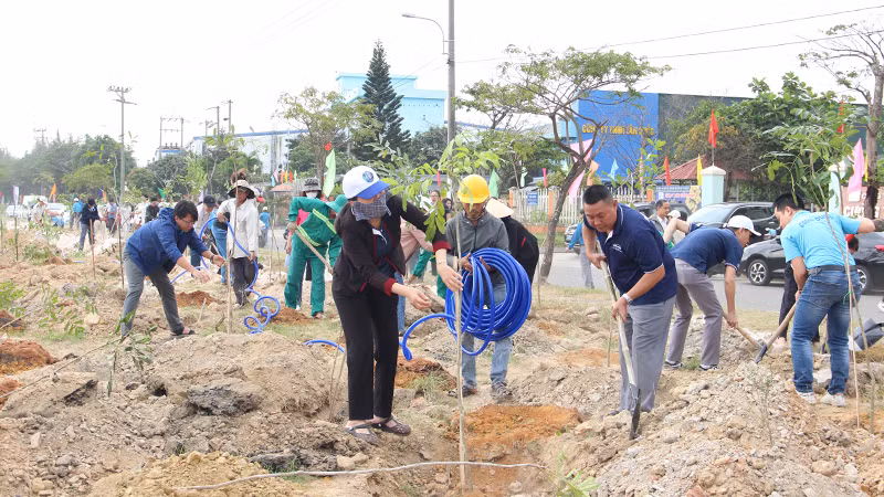 Đoàn viên, công đoàn tham gia trồng cây xanh.