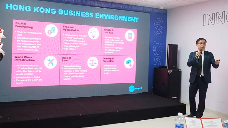 Đại biểu chia sẻ về hệ sinh thái khởi nghiệp của Hồng Kông (Trung Quốc).
