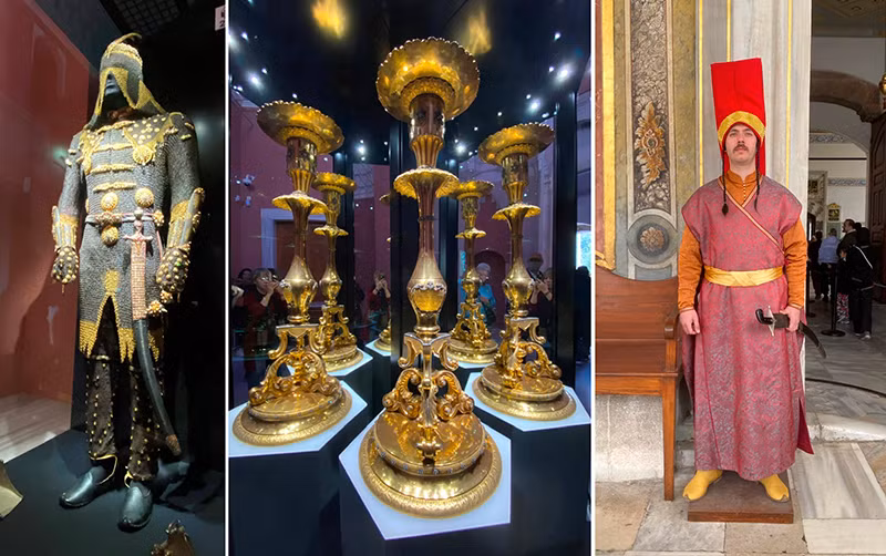 Từ trái qua phải: Bộ giáp trụ của Sultan Mustafa III, với trình độ chế tác đỉnh cao. Ba chiếc chân nến bằng vàng được chế tác vô cùng tinh xảo. Lính gác Cung điện trong bộ trang phục truyền thống cổ xưa.