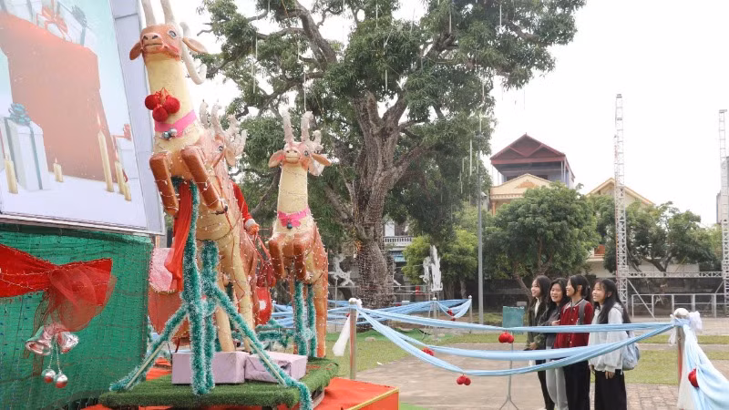 Các bạn trẻ thích thú với các tiểu cảnh trang trí Noel tại nhà thờ.