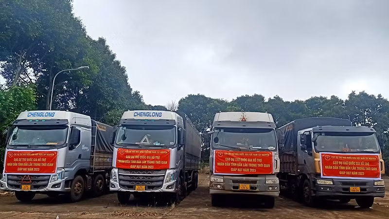 Xe gạo dự trữ quốc gia chuẩn bị được vận chuyển đến các huyện trên địa bàn tỉnh Đắk Lắk.