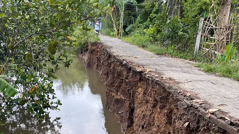 Điểm sạt lở đất ảnh hưởng đến tuyến đường giao thông nông thôn ở xã Đông Bình, thị xã Bình Minh, tỉnh Vĩnh Long.
