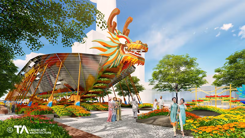 Phối cảnh thuyền rồng lớn tại Đường hoa Nguyễn Huệ 2024.