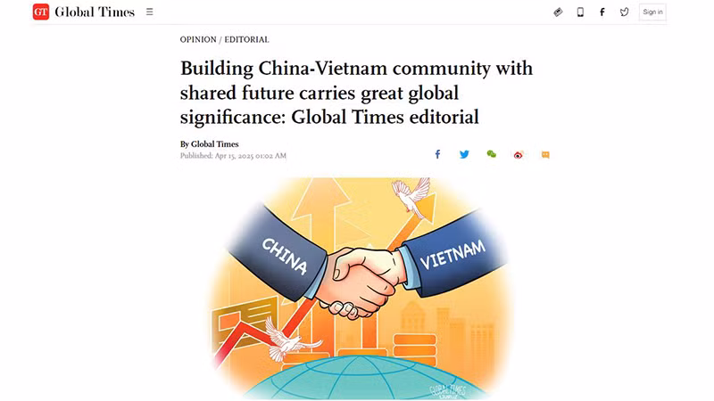 Bài xã luận “Xây dựng Cộng đồng chia sẻ tương lai Trung Quốc-Việt Nam có ý nghĩa toàn cầu quan trọng” trên tờ Thời báo Hoàn cầu. (Ảnh chụp màn hình)