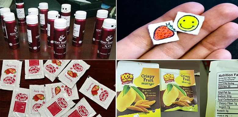 "Nước vui", "bùa lưỡi", "bột dâu", "bột xoài" với hình thức bắt mắt dễ dàng qua mặt lực lượng chức năng. (Ảnh: Cơ quan chức năng cung cấp)