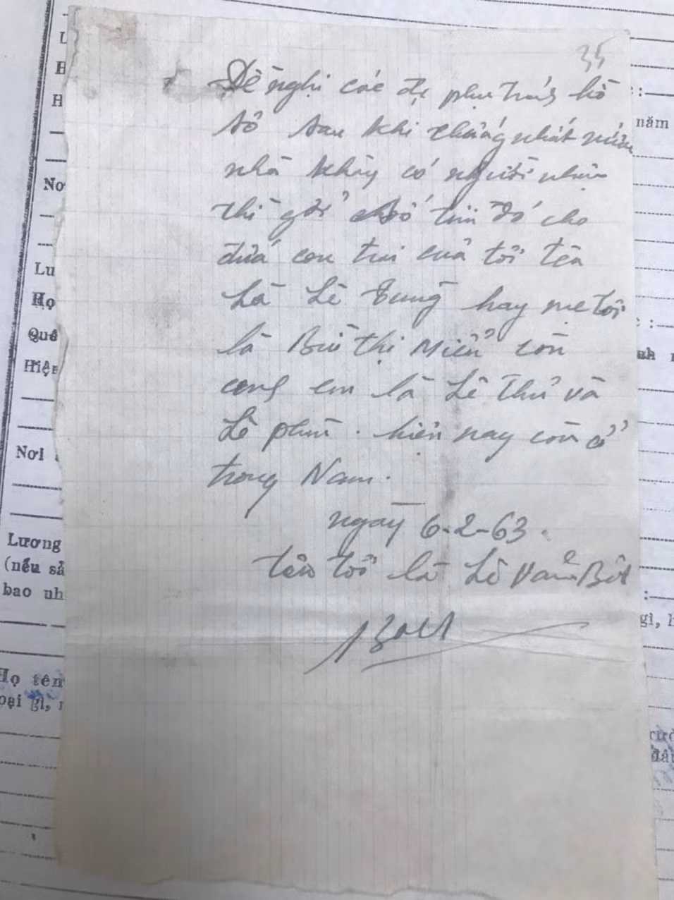 Lời nhắn nhủ của cán bộ Lê Văn Bôi trước khi đi B, viết ngày 06/02/1963. Trung tâm Lưu trữ quốc gia III, Phông Ủy ban Thống nhất Chính phủ, hồ sơ 42304, tờ 33.